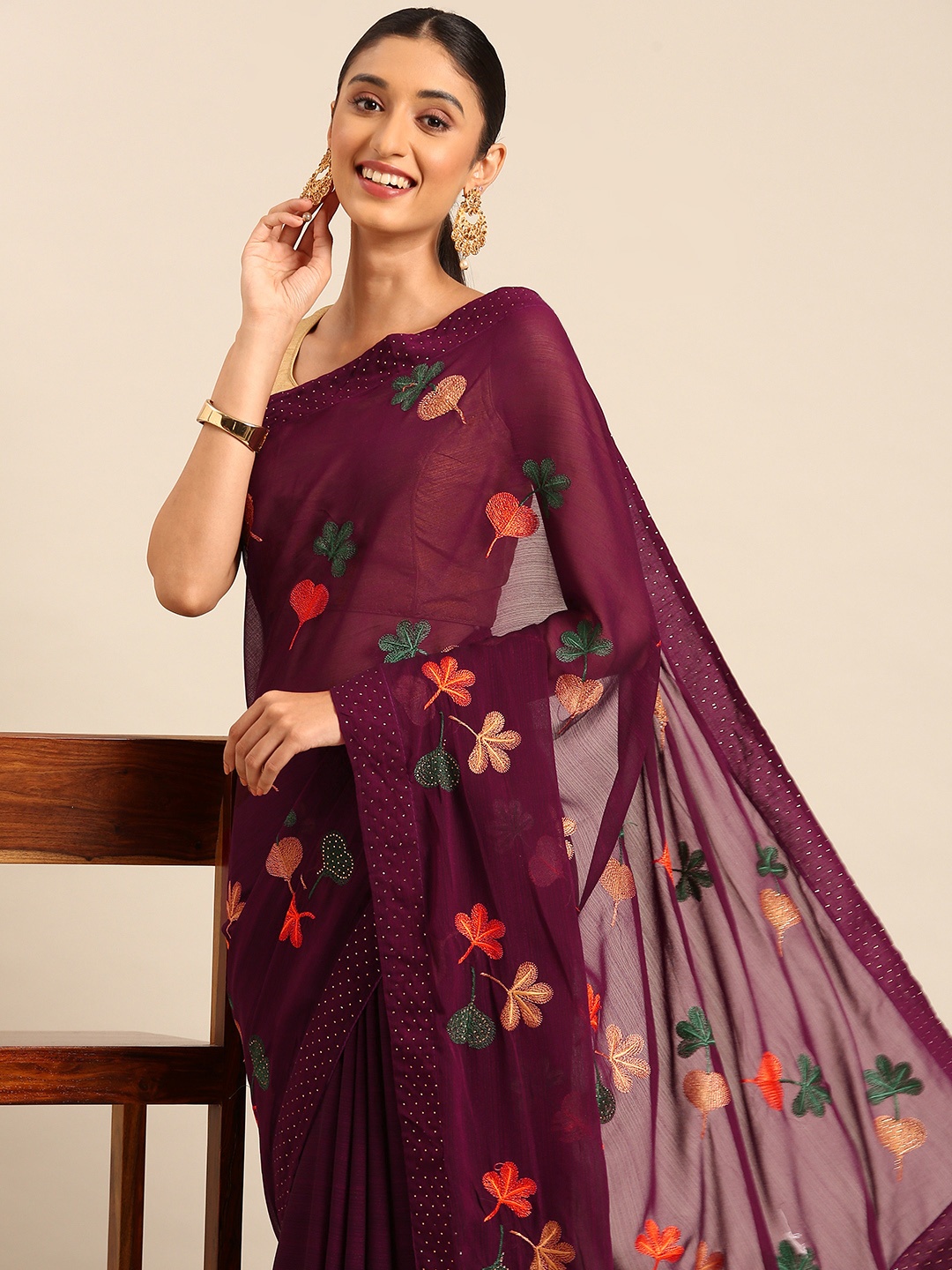 

HERE&NOW Floral Beads & Stones Pure Georgette Saree, Burgundy