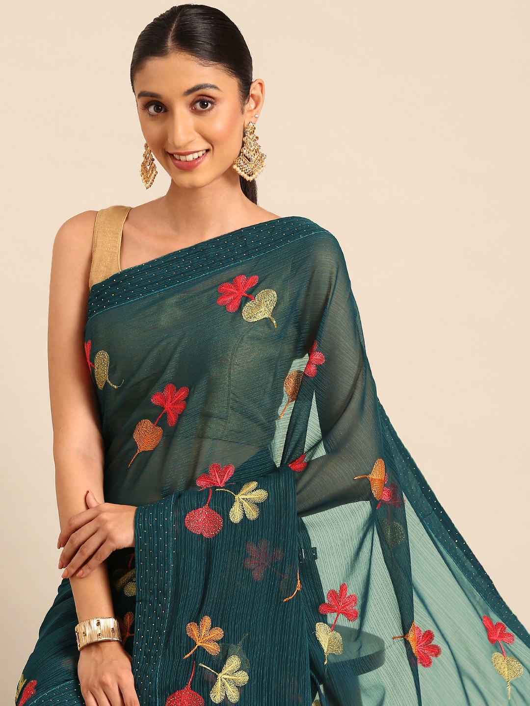 

HERE&NOW Floral Beads & Stones Pure Georgette Saree, Teal