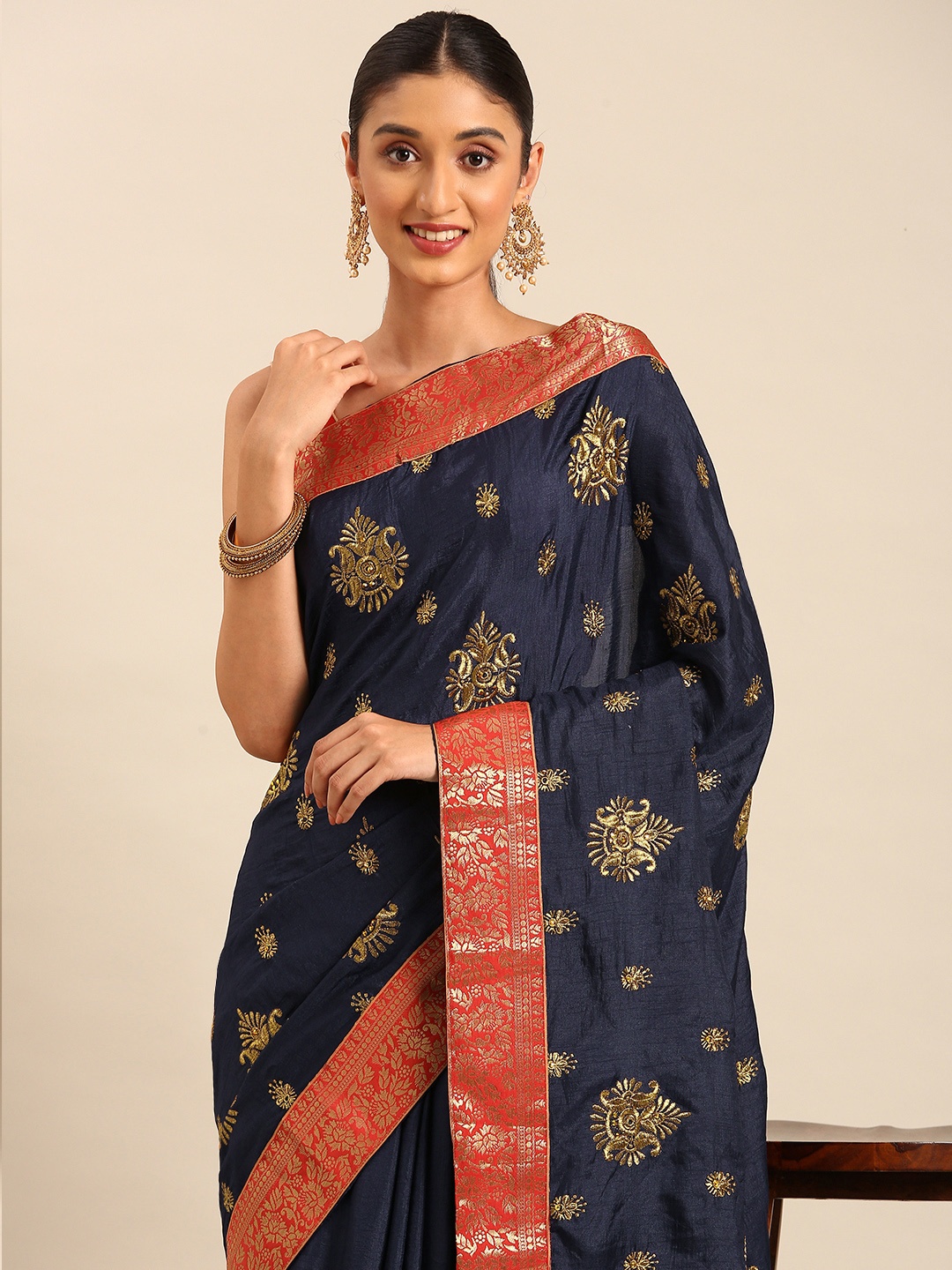 

HERE&NOW Ethnic Motifs Embroidered Beads & Stones Art Silk Saree, Navy blue
