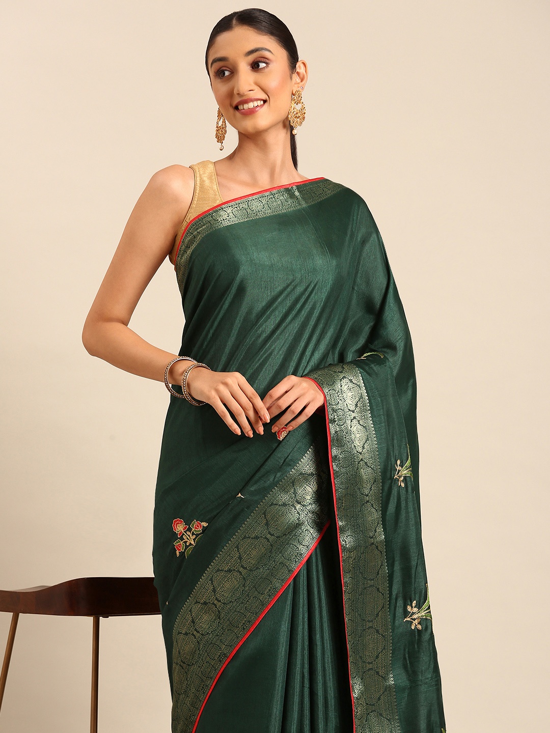 

HERE&NOW Floral Zari Saree, Green