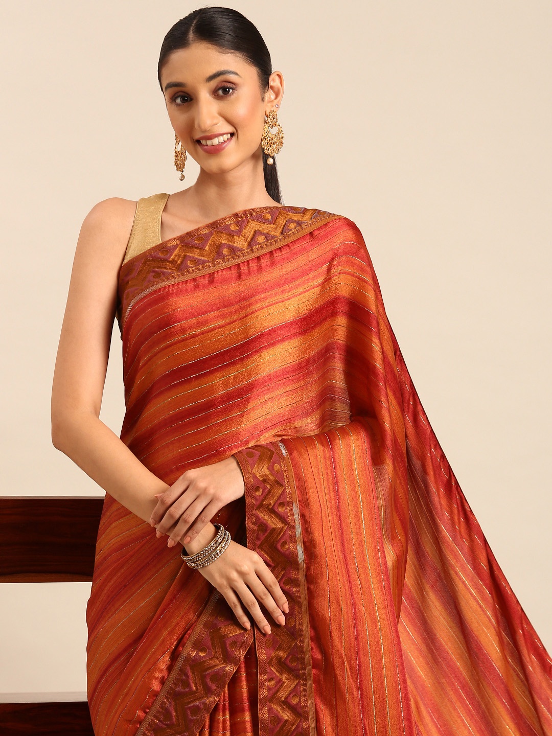 HERE&NOW Striped Pure Chiffon Saree, Rust