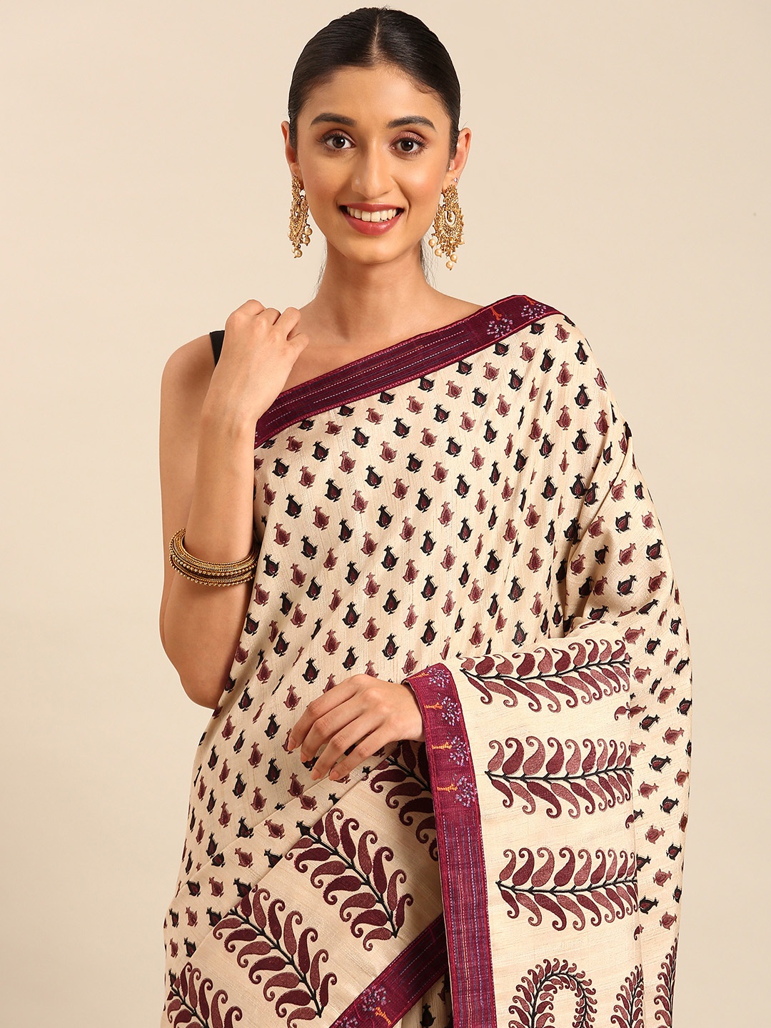 

HERE&NOW Ethnic Motifs Printed Saree, Beige