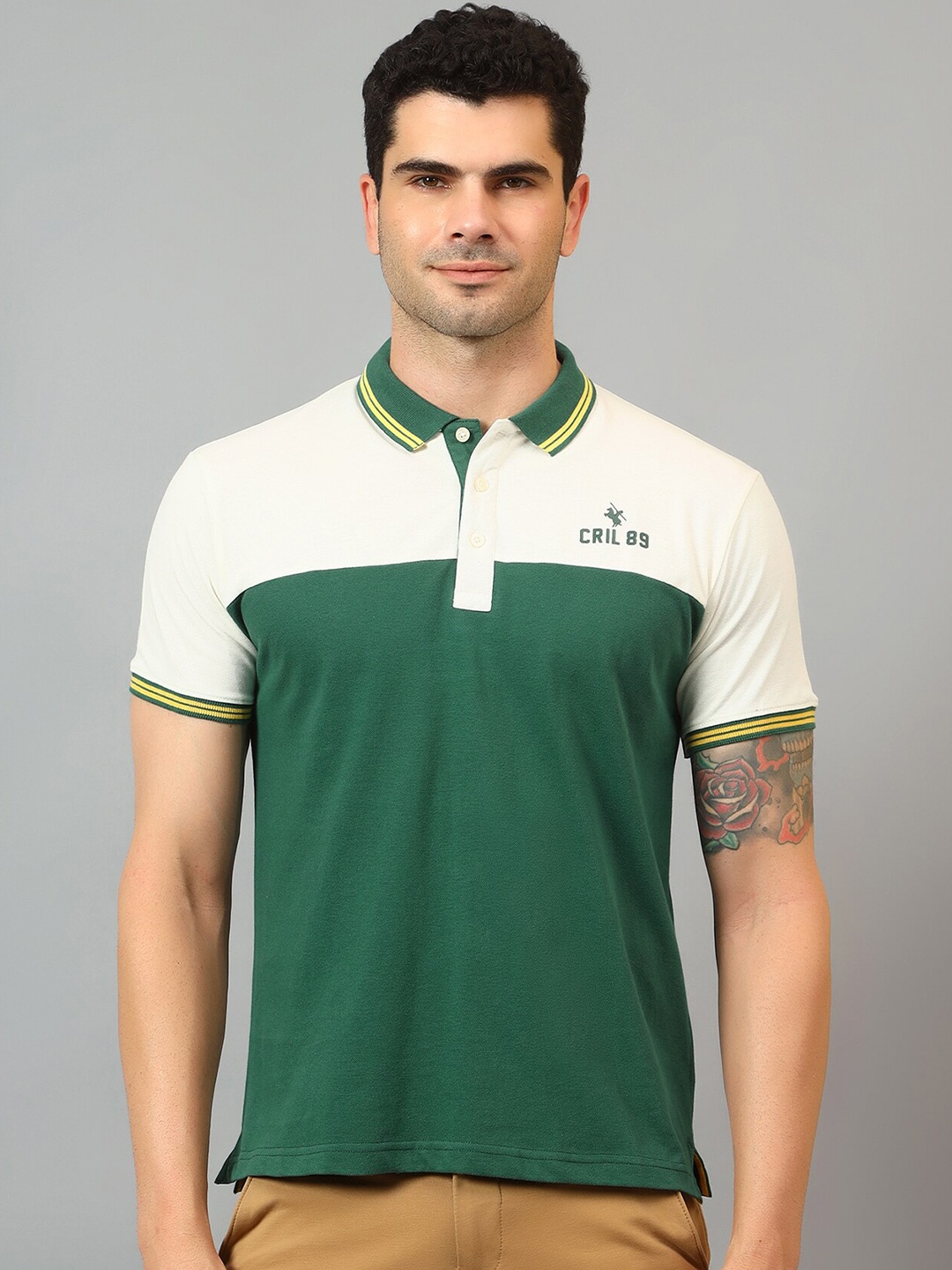 

Cantabil Colourblocked Polo Collar Half Sleeve Cotton T-shirt, Green