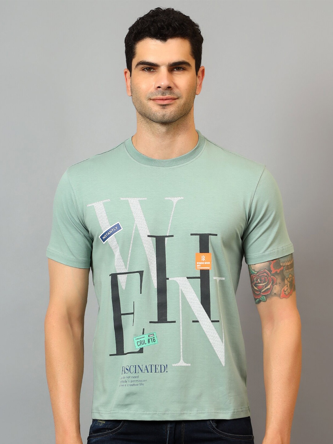 

Cantabil Typography Printed Round Neck T-shirt, Green