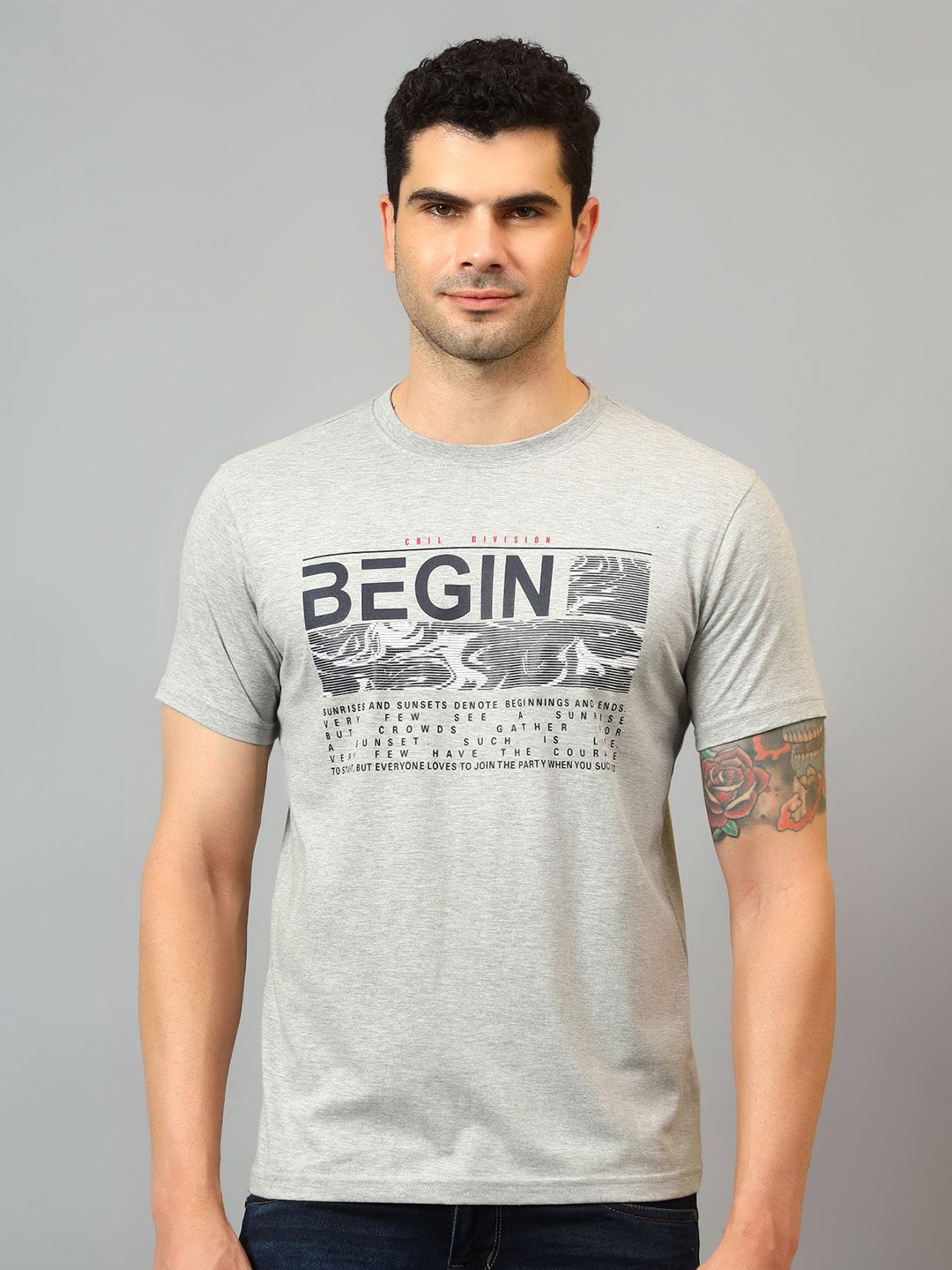 

Cantabil Typography Printed Round Neck T-shirt, Grey melange