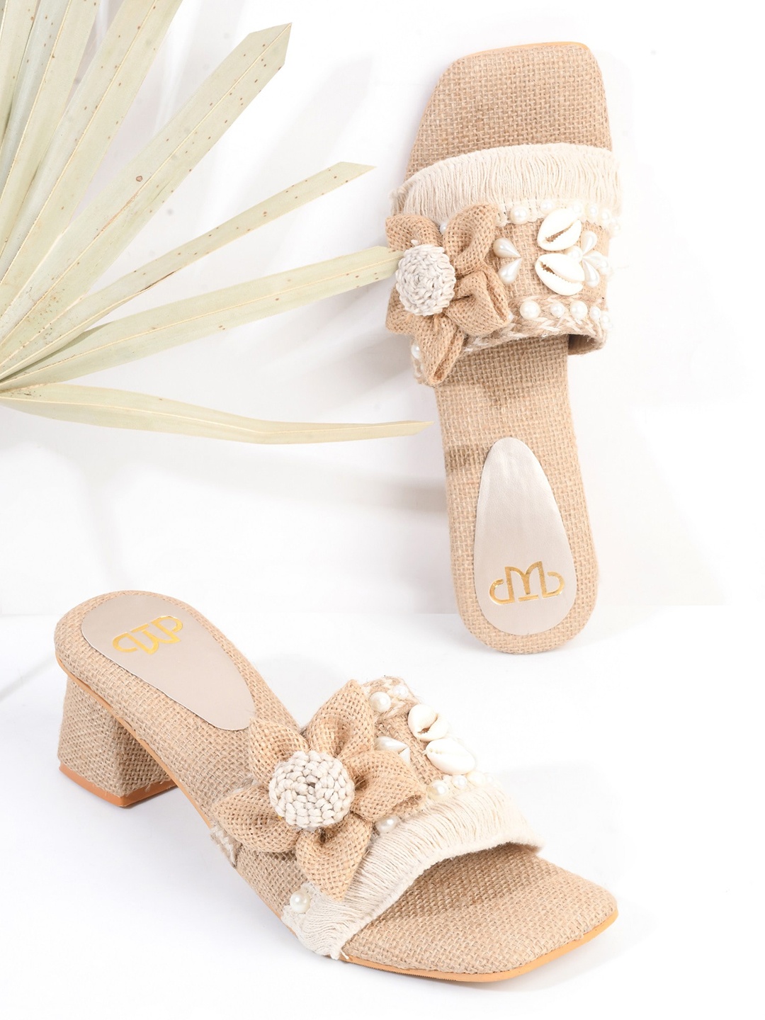 

THE WHITE POLE Embellished Ethnic Block Pumps, Beige