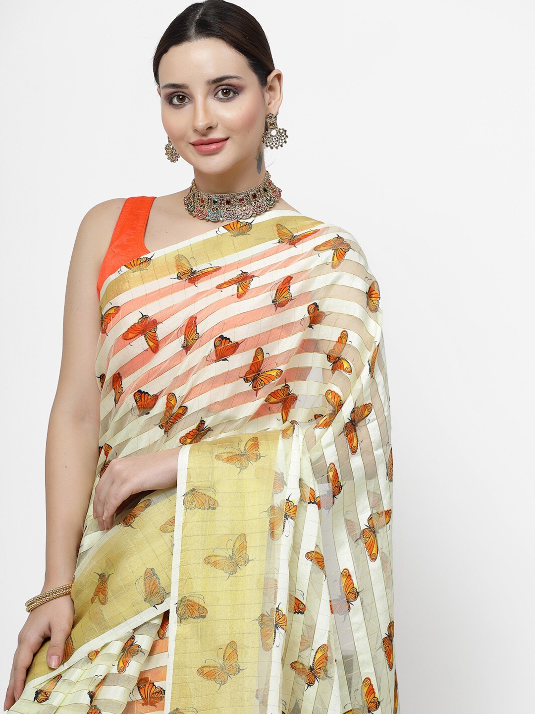 

ISHQY Floral Zari Silk Cotton Saree, Orange