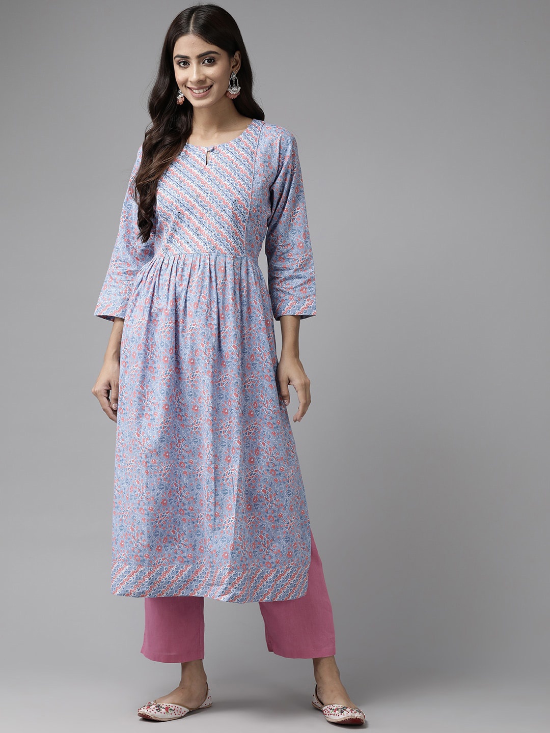 

BAESD Floral Printed Keyhole Neck Mirror Work Cotton Anarkali Kurta, Turquoise blue