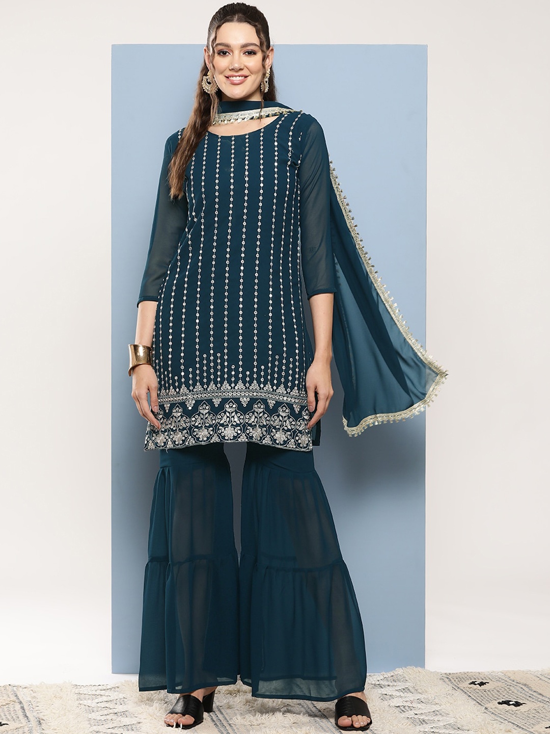

BAESD Embroidered Regular Sequinned Straight Kurta with Sharara, Navy blue