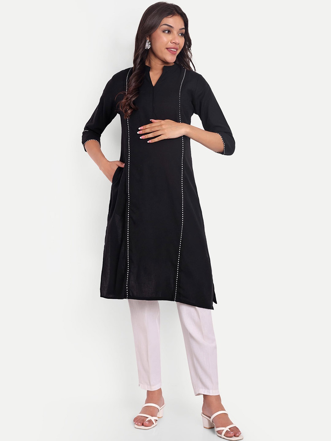 

THOTTIL Maternity Mandarin Collar Thread Work Kurta, Black