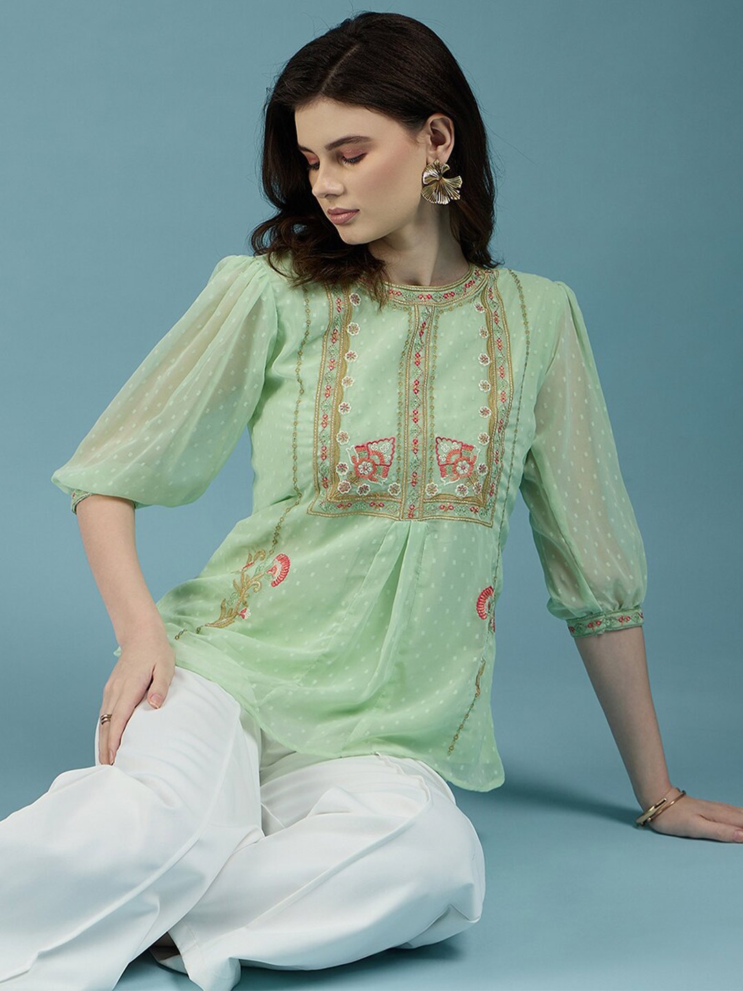 

DressBerry Floral Embroidered Puff Sleeves A-line Top, Green