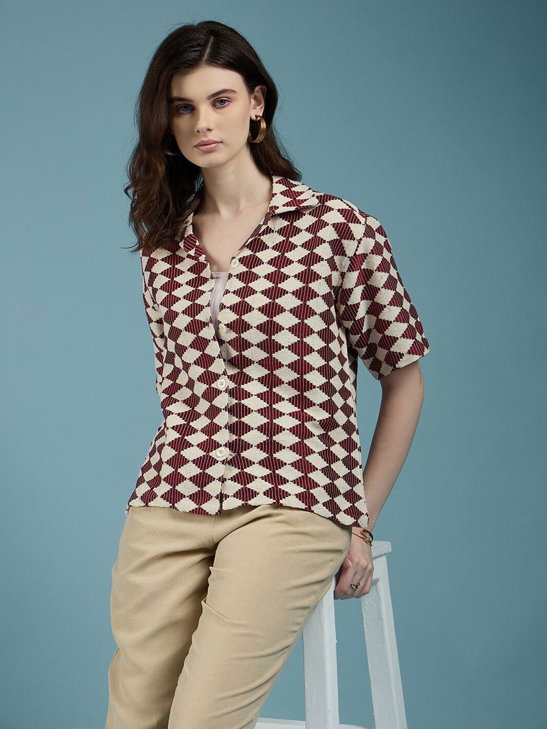 

DressBerry Geometric Self Design Cotton Boxy Casual Crochet Shirt, Maroon