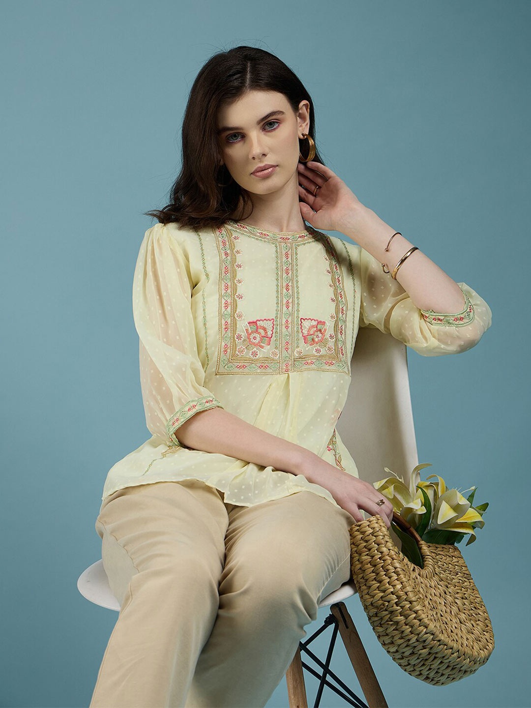 

DressBerry Floral Embellished Round Neck Puff Sleeve Top, Yellow