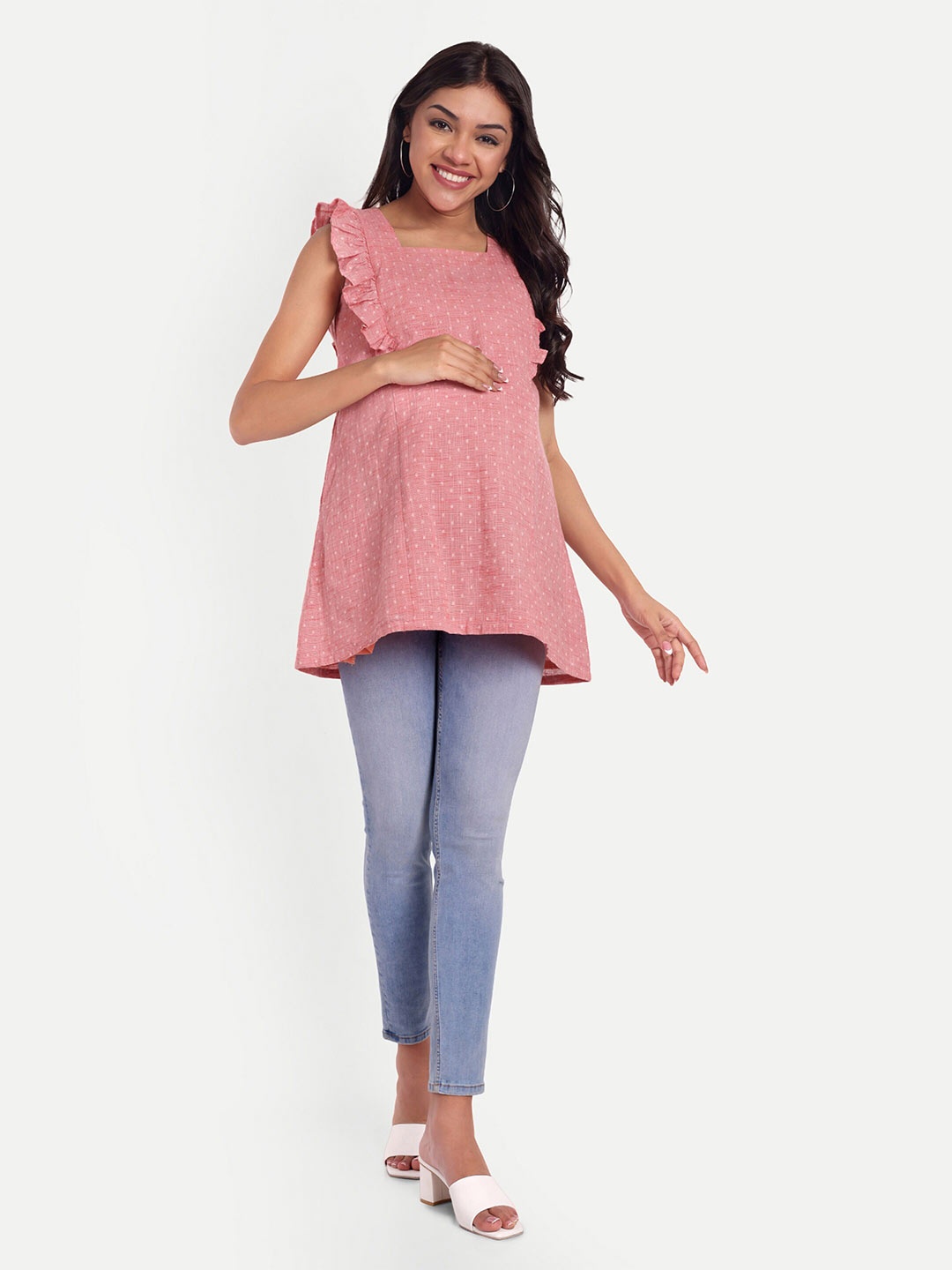 

THOTTIL Polka Dots Printed Flutter Sleeve Maternity Purpose Cotton Top, Pink