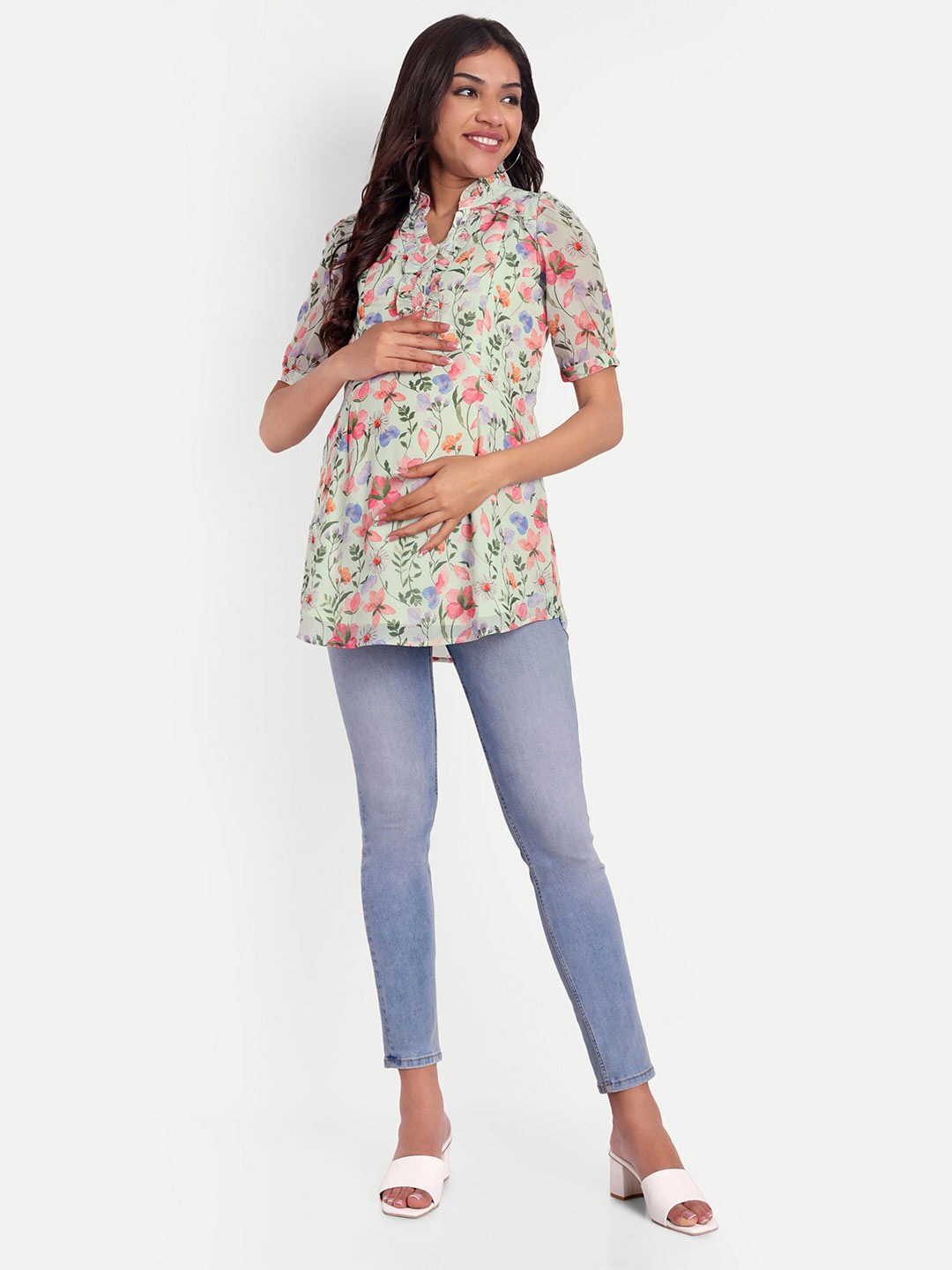 

THOTTIL Floral Printed Cotton Mandarin Collar Maternity Top, Green