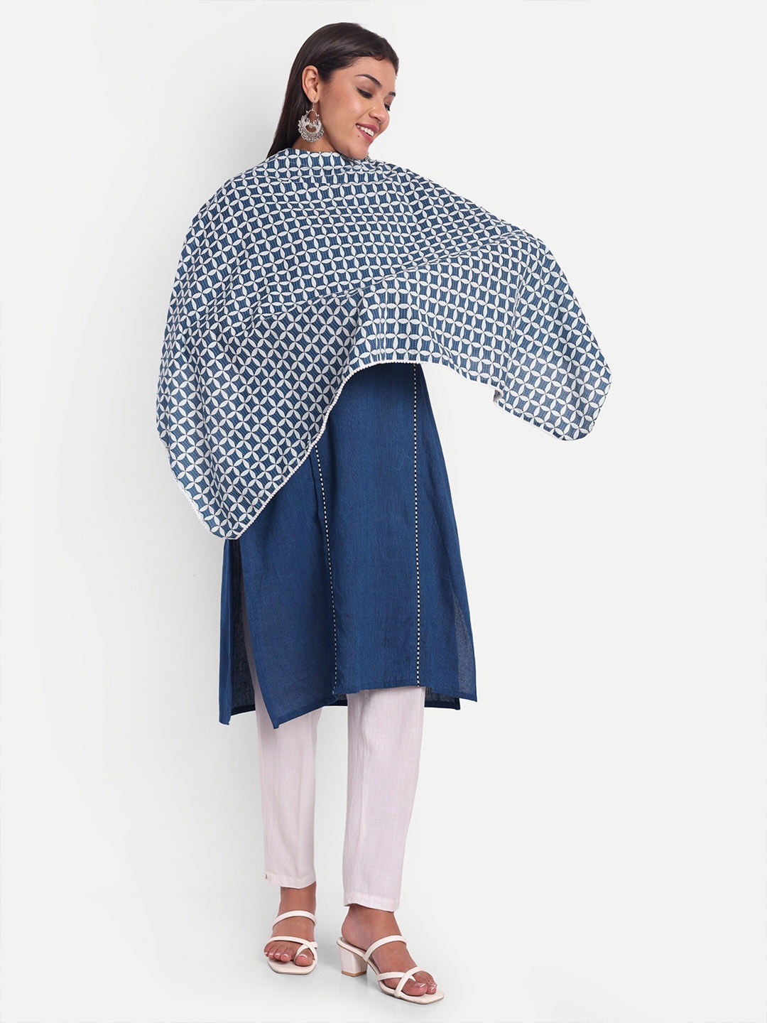 

THOTTIL Polka Dot Print Cotton Cape Top, Blue