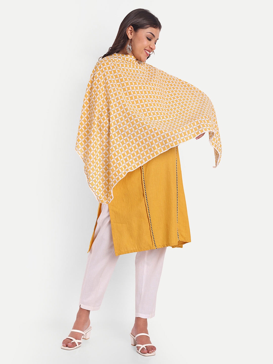 

THOTTIL Polka Dot Print One Shoulder Cape Sleeve Cotton Cape Longline Top, Yellow