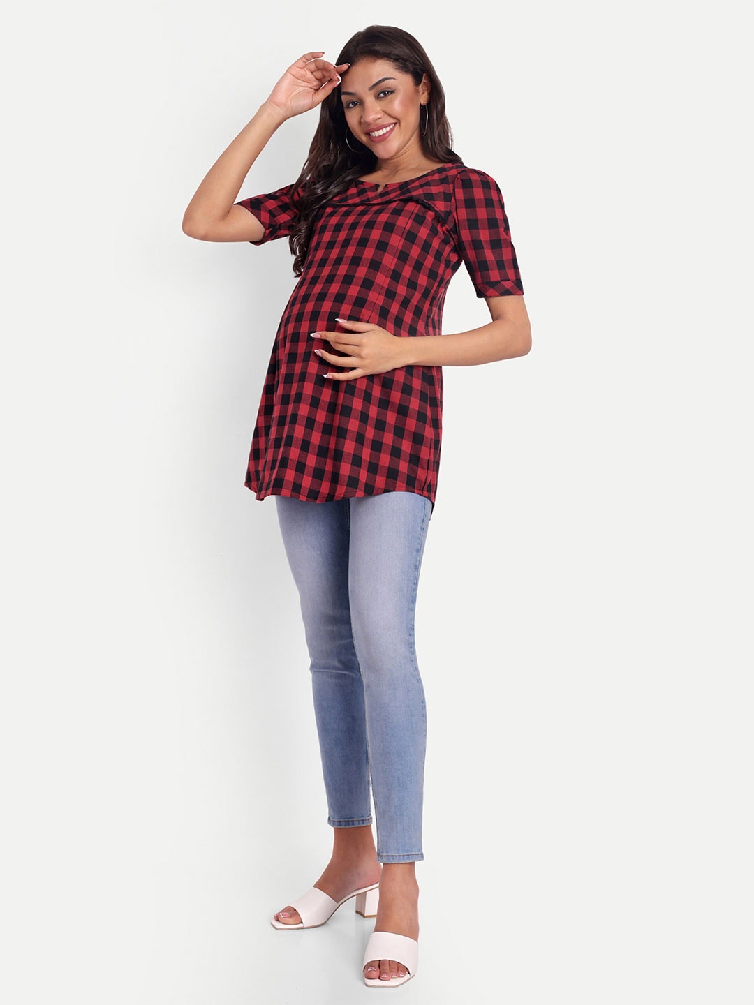 

THOTTIL Checked Maternity Purpose Cotton Top, Red