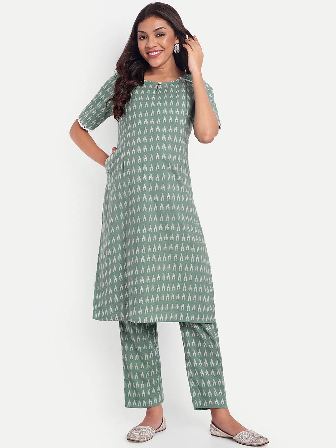 

THOTTIL Printed Pure Cotton Maternity Tunic With Trousers, Green