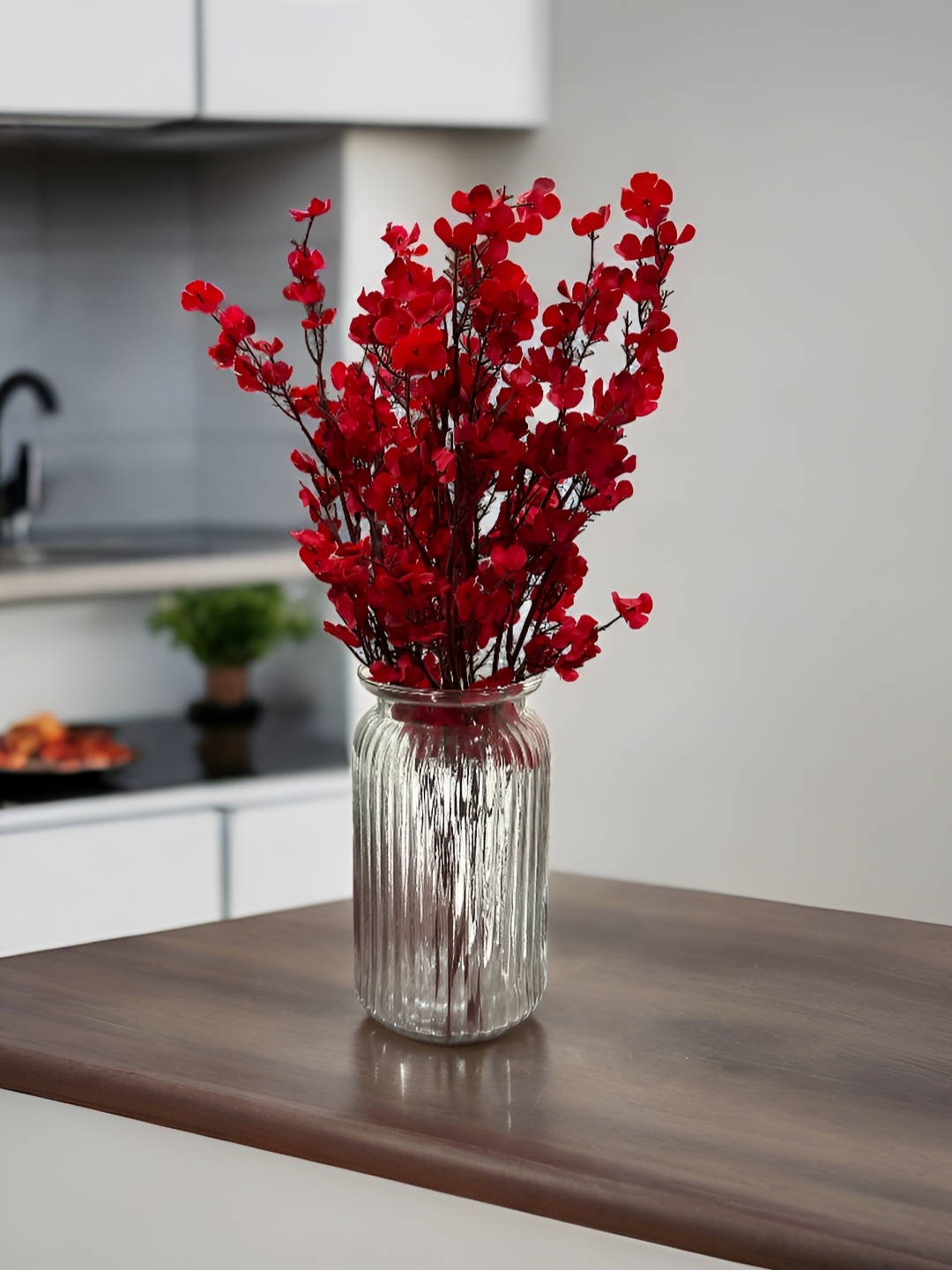

BS AMOR Red & Transparent Textured Glass Vase With Artificial Flower Bunch
