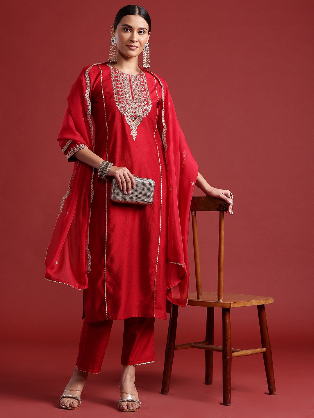 

Indo Era Ethnic Motifs Yoke Design Zari Panelled Liva Kurta With Trousers & Dupatta, Red
