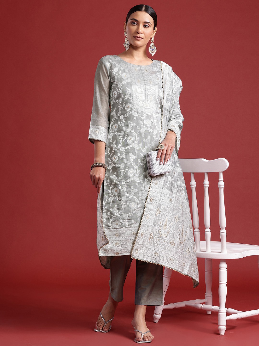 

Indo Era Floral Jacquard Chanderi Cotton Kurta With Trousers & Dupatta, Grey