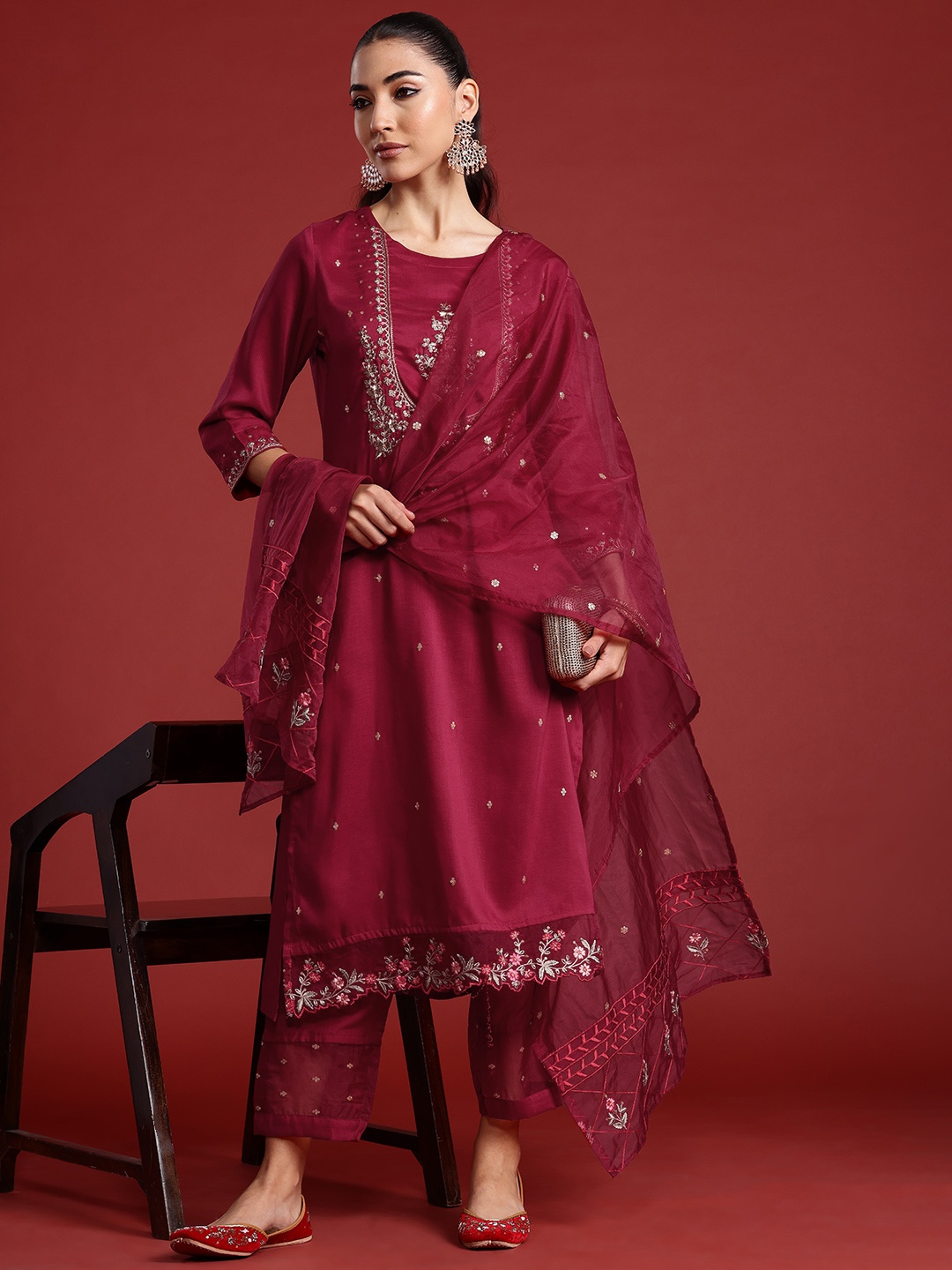 

Indo Era Ethnic Motifs Embroidered Thread Work Kurta With Trousers & Dupatta, Maroon