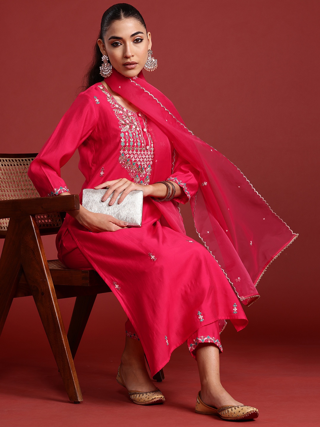 

Indo Era Ethnic Motifs Embroidered Sequinned Kurta With Trousers & Dupatta, Fuchsia