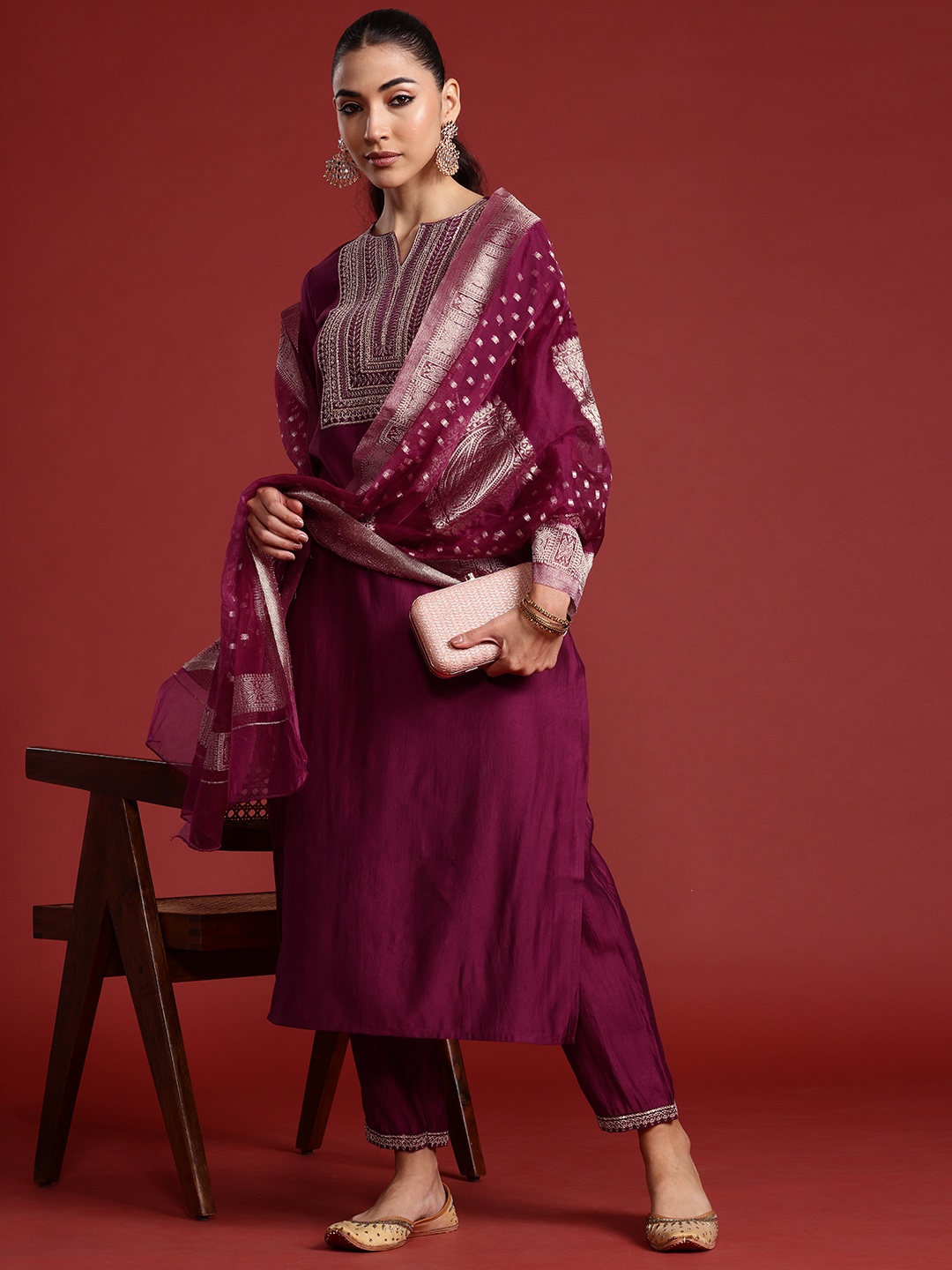 

Indo Era Ethnic Motifs Yoke Design Sequinned Liva Kurta With Trousers & Dupatta, Burgundy