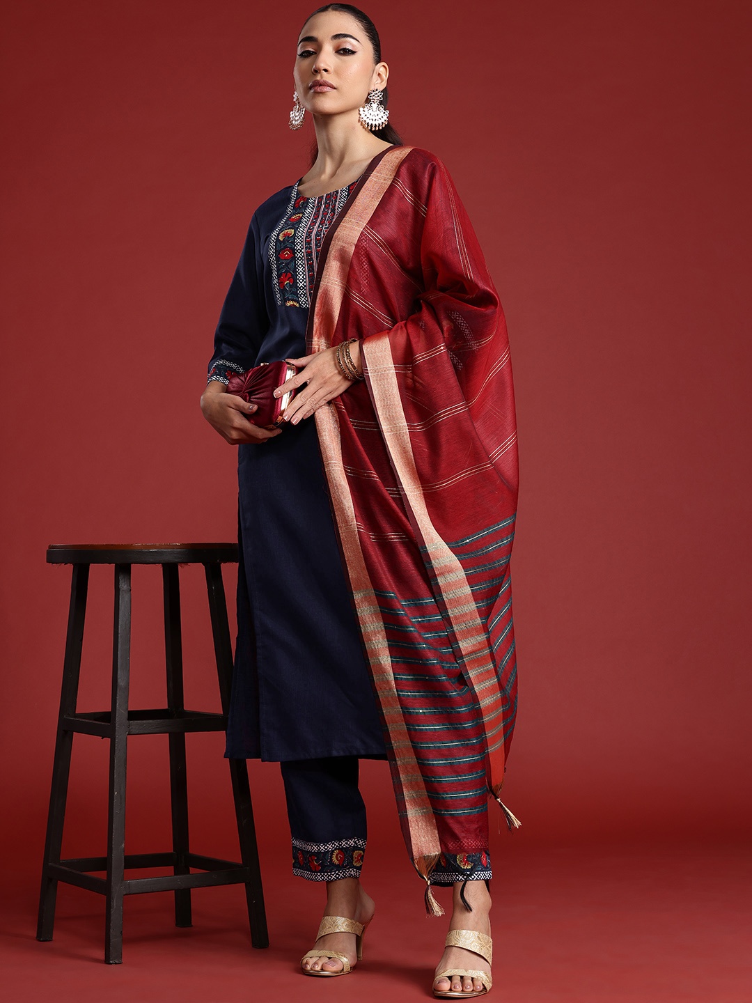 

Indo Era Floral Yoke Design Pure Cotton Kurta With Trousers & Dupatta, Navy blue