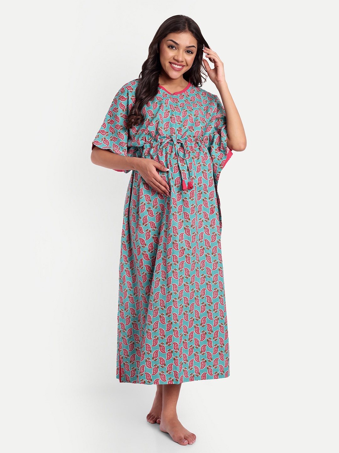 

THOTTIL Floral Printed Maternity Kaftan Midi Dress, Blue