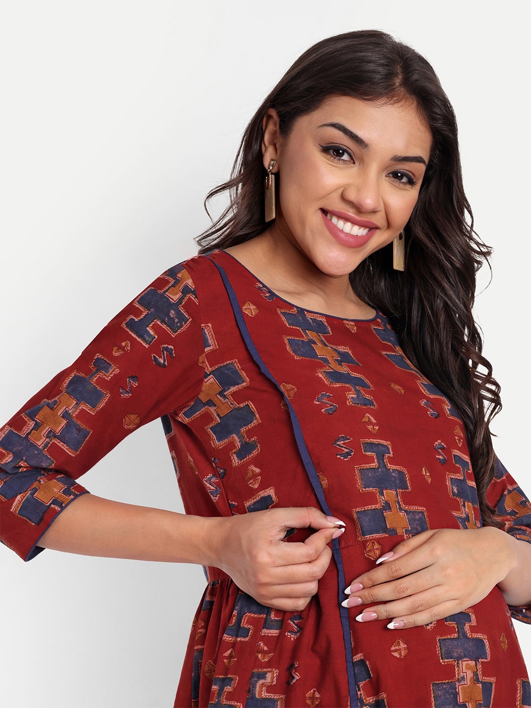 

THOTTIL Ethnic Motifs Printed Gathered Cotton Maternity Midi Fit & Flare Dress, Maroon