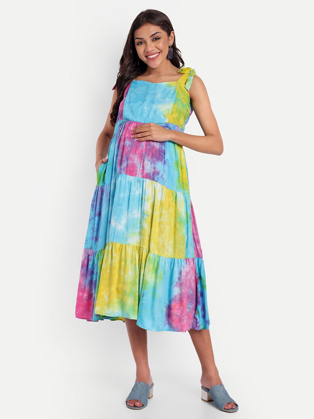 

THOTTIL Tie & Dye Printed Shoulder Straps Gathered Cotton Maternity Midi Empire Dress, Blue