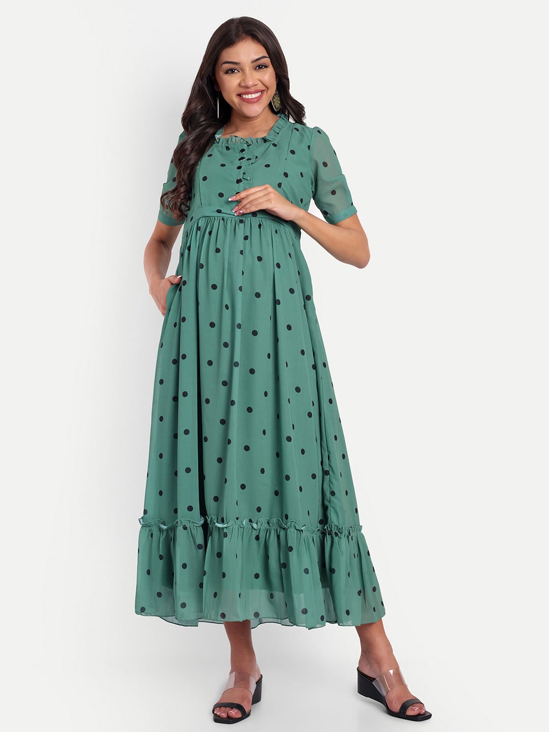 

THOTTIL Polka Dots Printed Gathered Cotton Maternity Maxi Fit & Flare Dress, Green