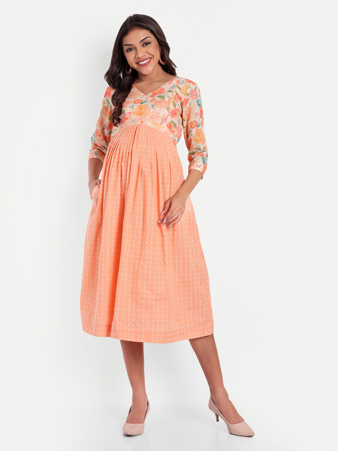 

THOTTIL Floral Printed Maternity Fit & Flare Midi Dress, Peach