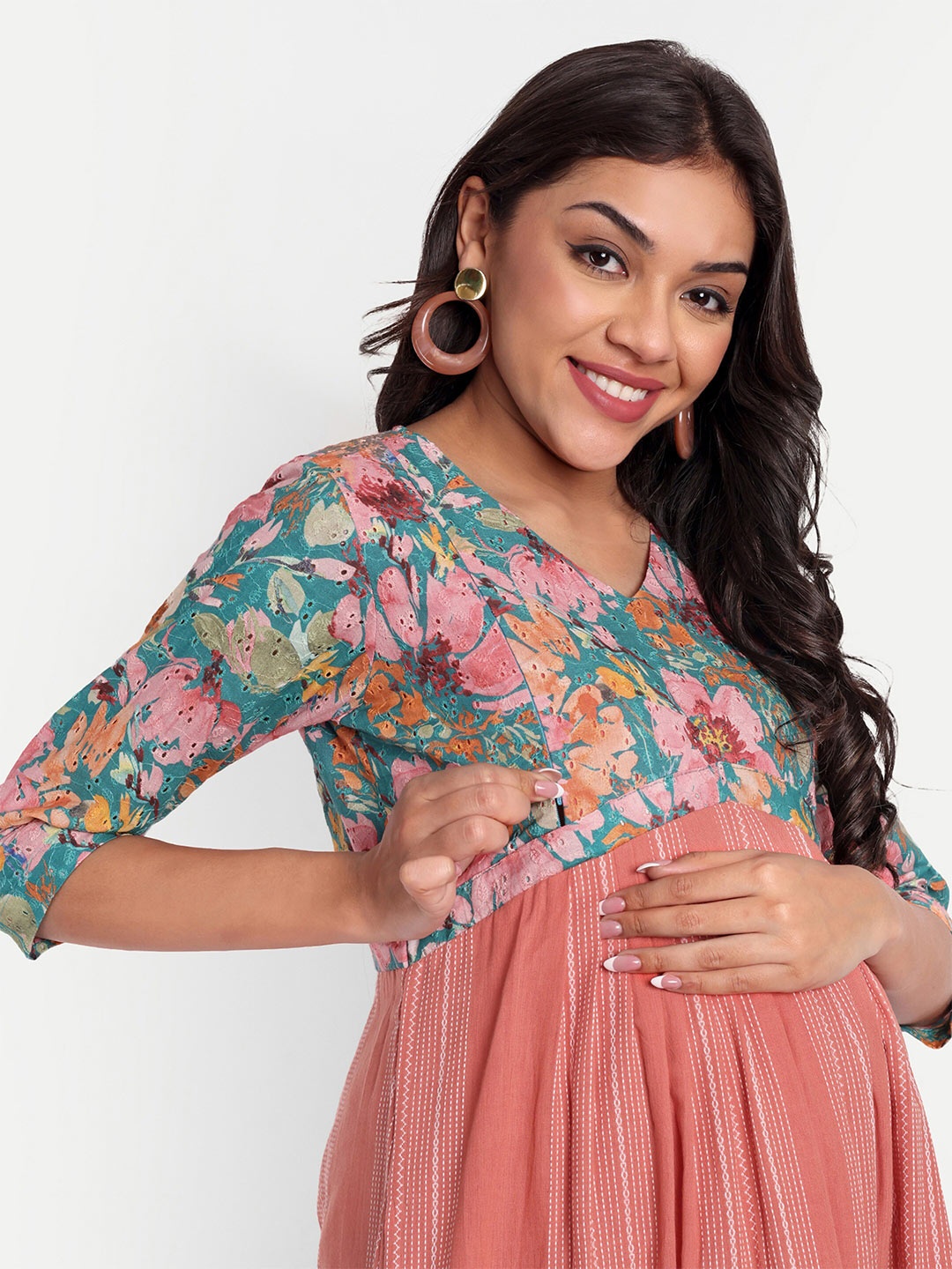 

THOTTIL Floral Embroidered Gathered Cotton Maternity Midi A-Line Dress, Orange