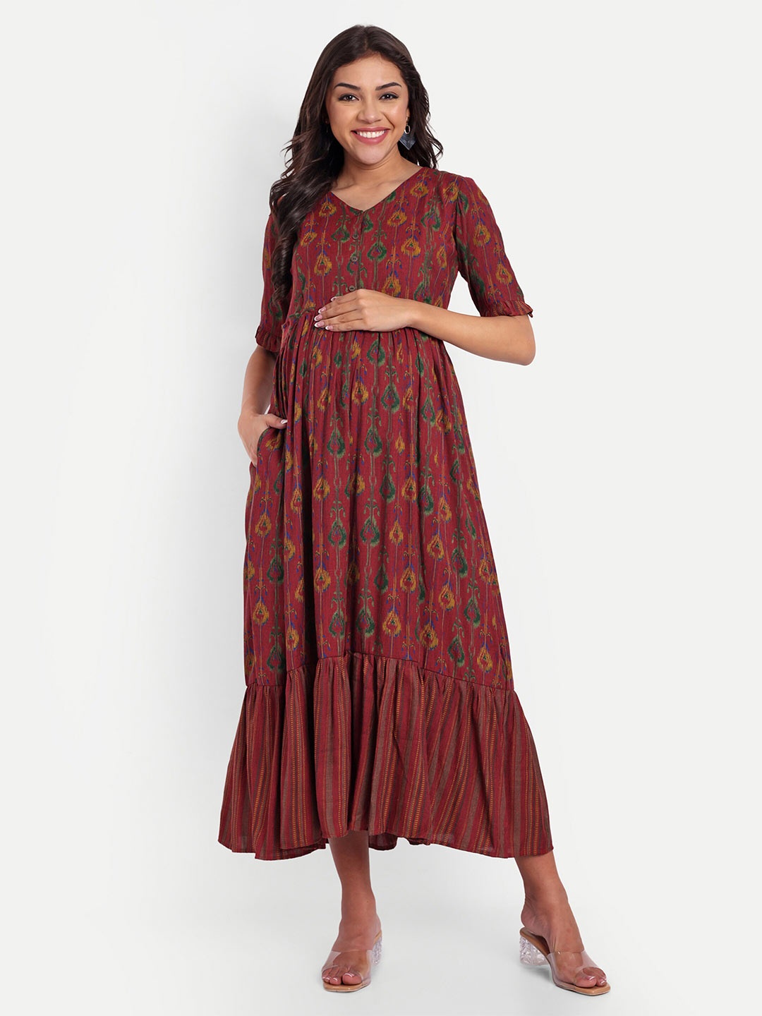 

THOTTIL Ethnic Motifs Printed Gathered Cotton Maternity Maxi Fit & Flare Dress, Red