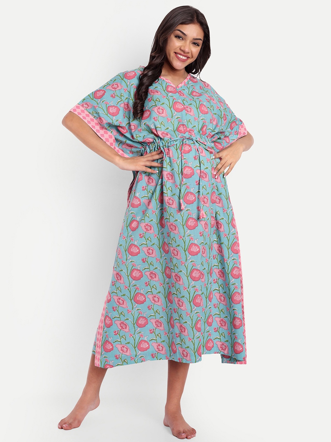 

THOTTIL Floral Printed Flared Sleeve Maternity Kaftan Midi Dress, Blue