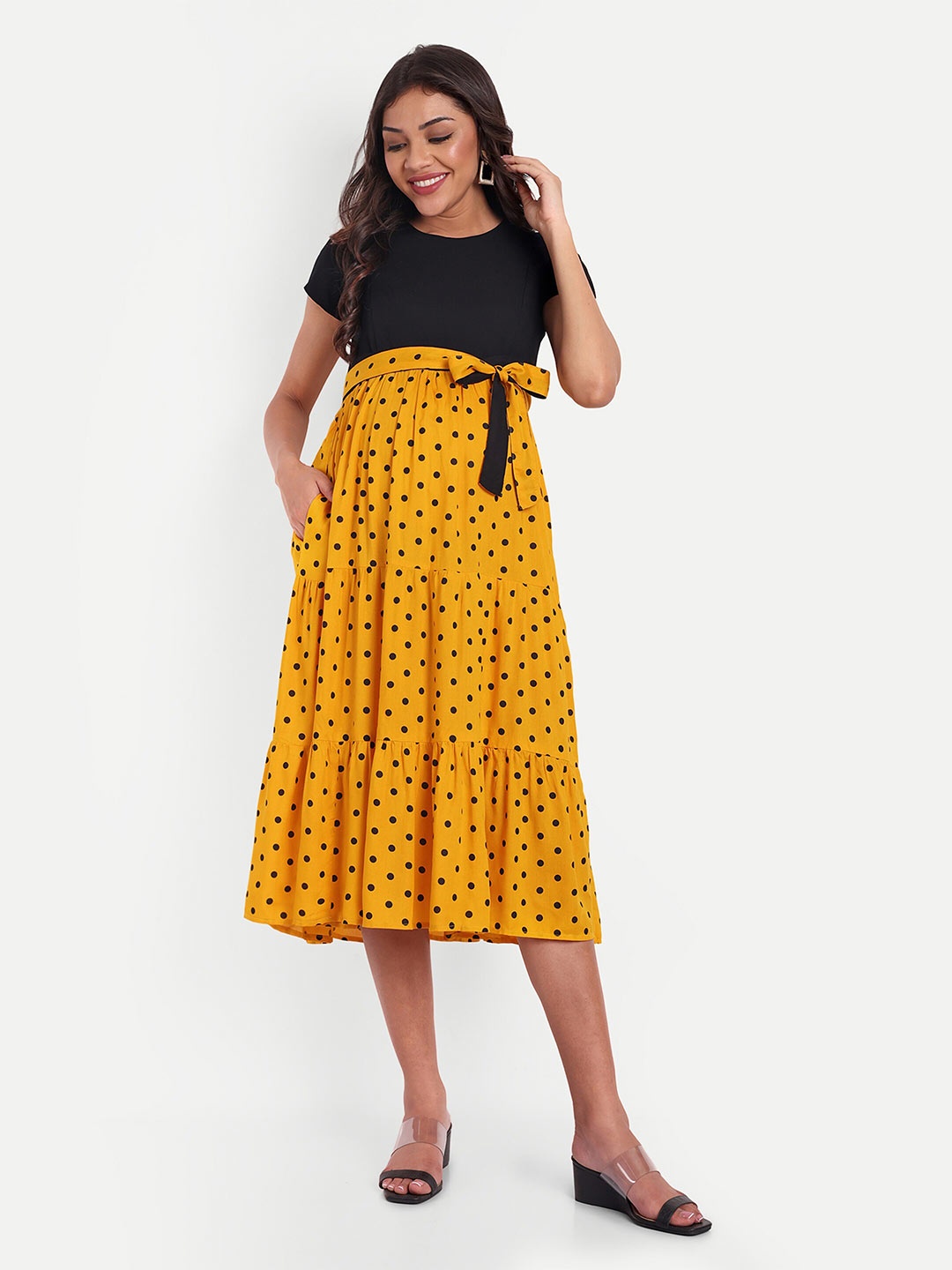 

THOTTIL Polka Dots Printed Gathered Cotton Maternity Midi Fit & Flare Dress, Yellow