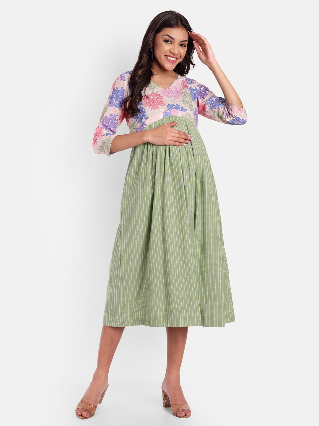 

THOTTIL Floral Embroidered Gathered Cotton Maternity Midi A-Line Dress, Green