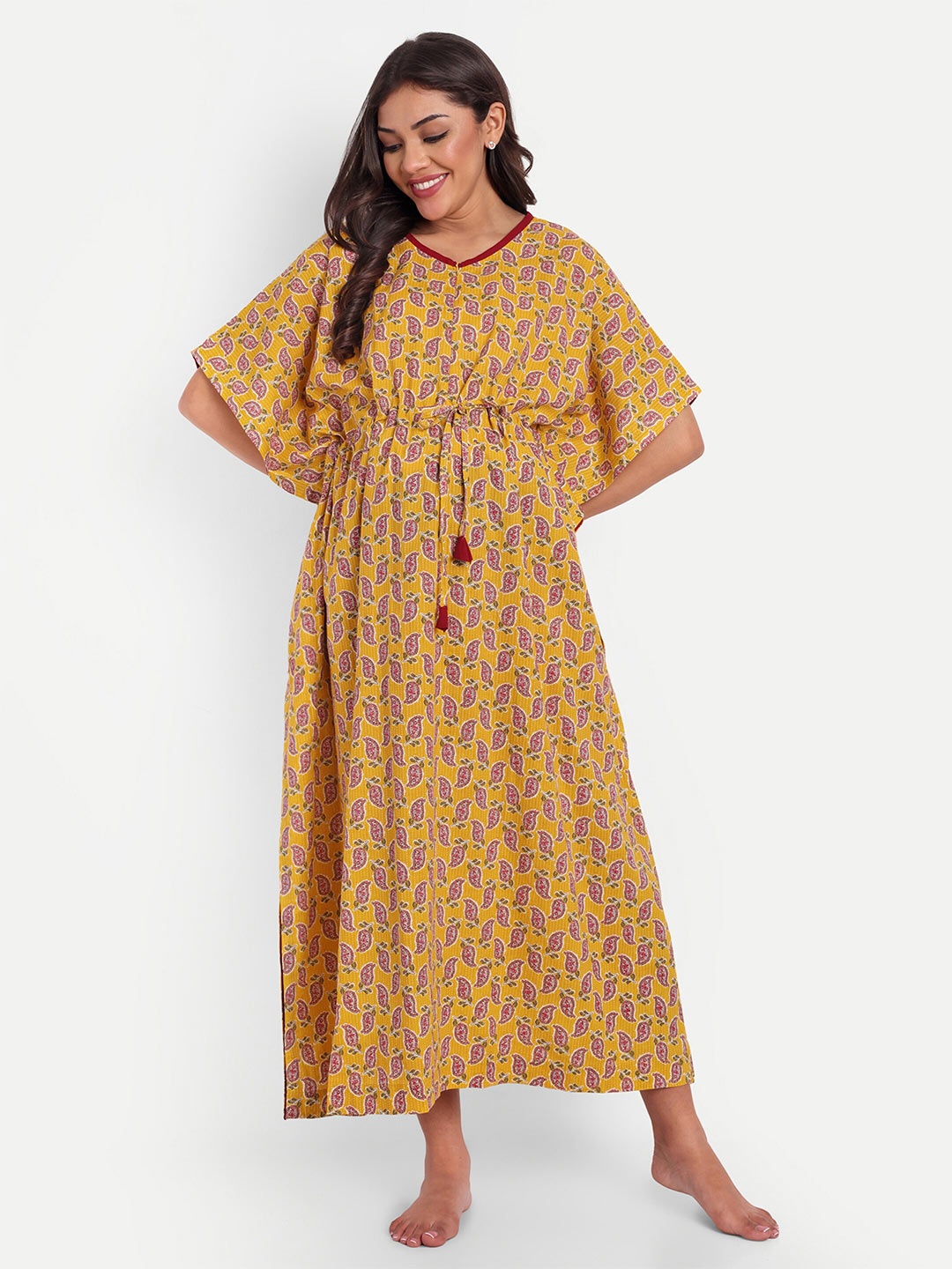 

THOTTIL Floral Printed Tie-Ups Cotton Maternity Maxi Kaftan Dress, Yellow