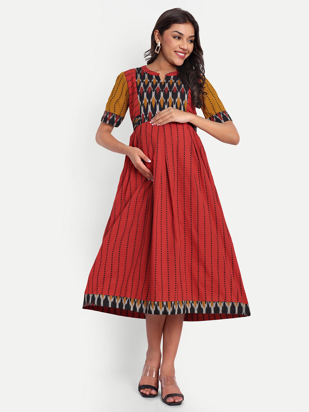 

THOTTIL Ethnic Motifs Printed Pleated Cotton Maternity Midi A-Line Dress, Red
