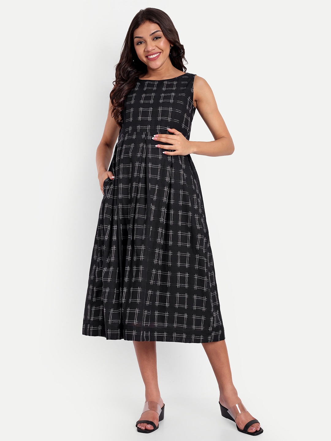 

THOTTIL Checked Maternity Fit & Flare Midi Dress, Black