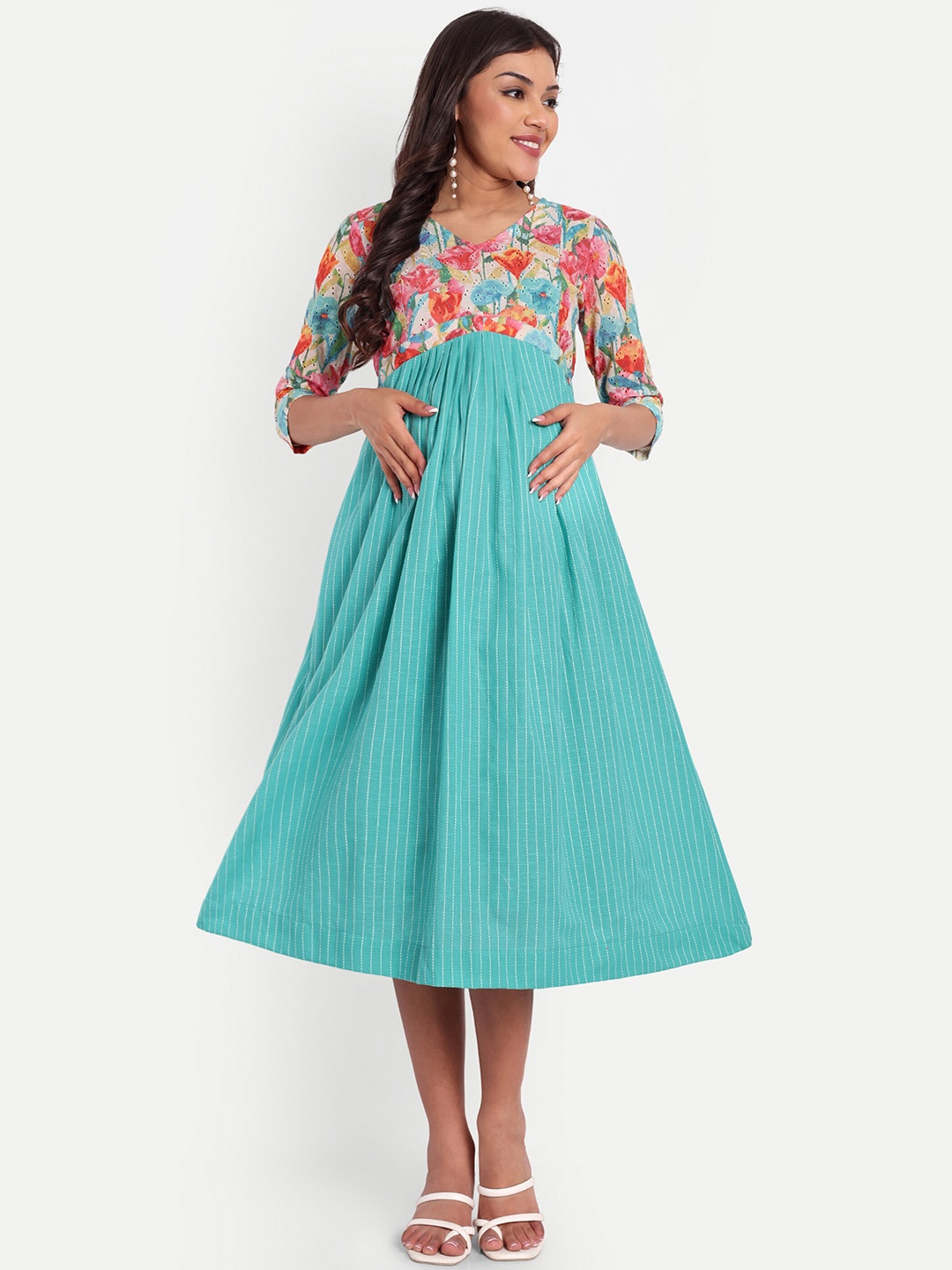

THOTTIL Floral Printed Maternity Fit & Flare Midi Dress, Blue