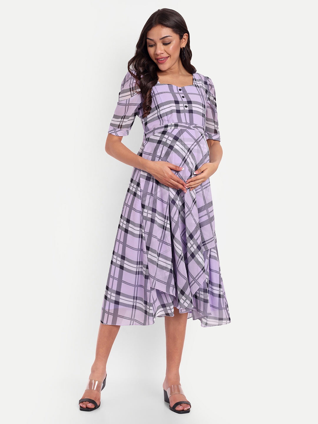 

THOTTIL Checked Layered Cotton Maternity Midi A-Line Dress, Lavender