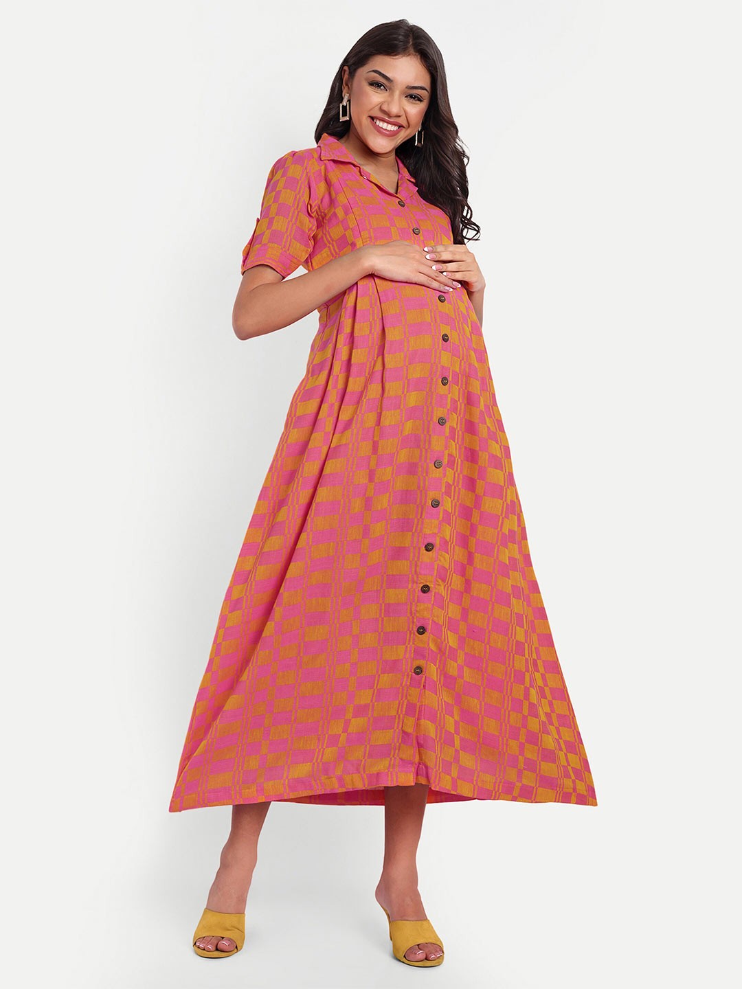 

THOTTIL Geometric Printed Cotton Maternity A-Line Midi Dress, Orange
