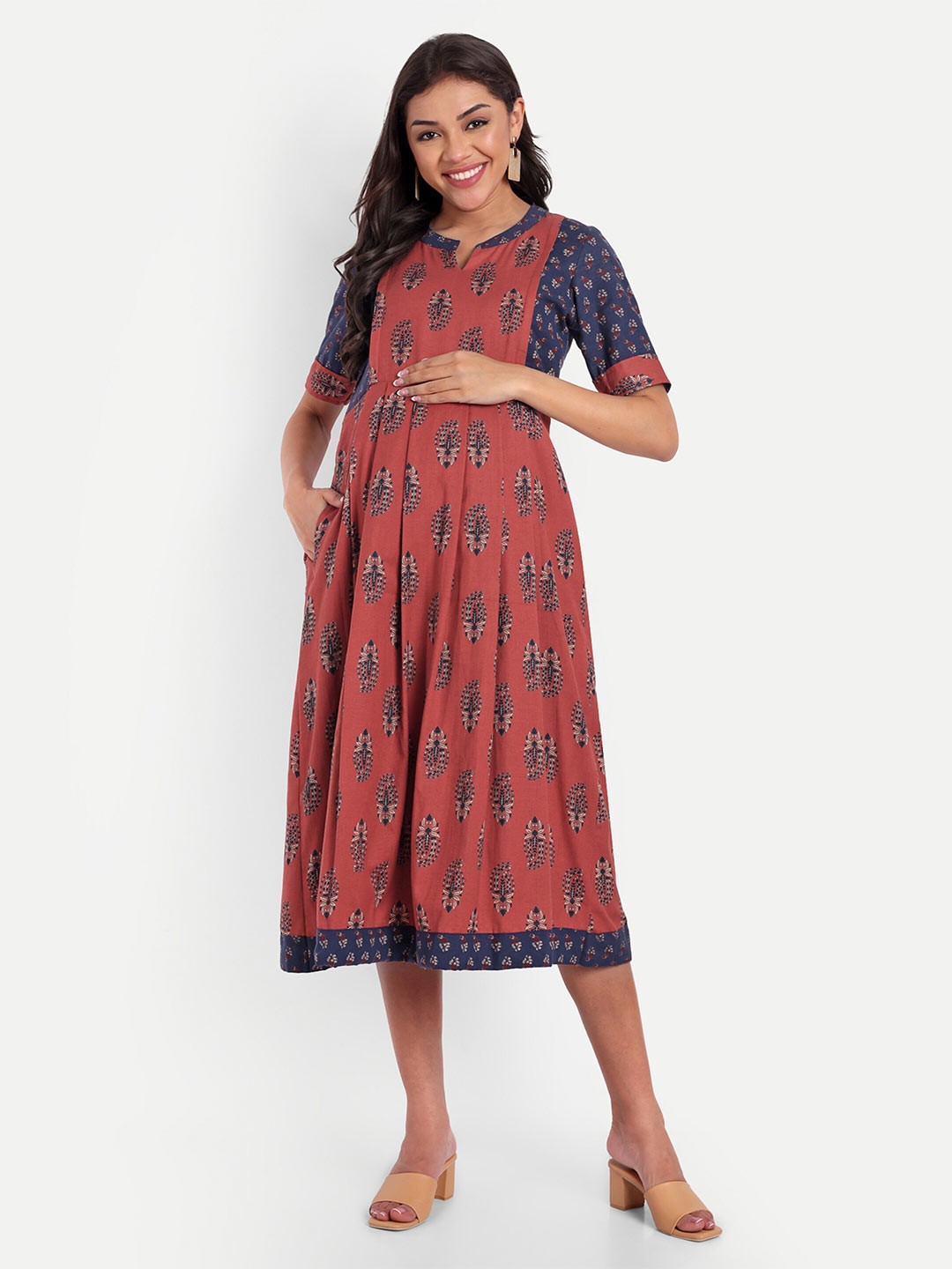 

THOTTIL Ethnic Motifs Printed Pleated Cotton Maternity Midi A-Line Dress, Orange