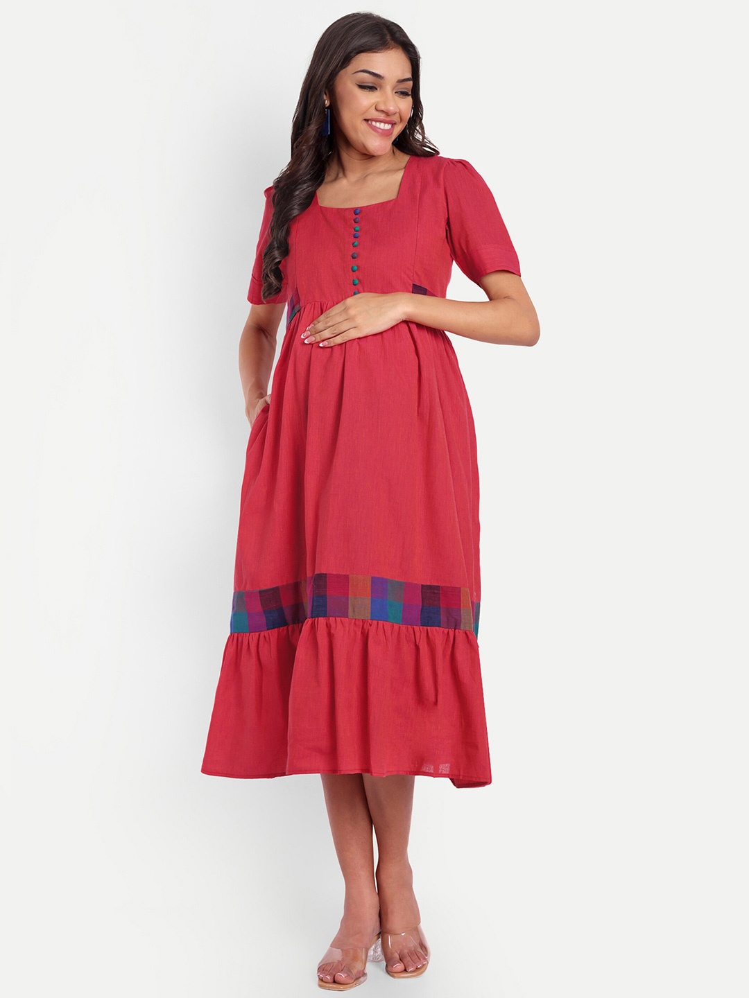 

THOTTIL Maternity Fit & Flare Midi Dress, Pink