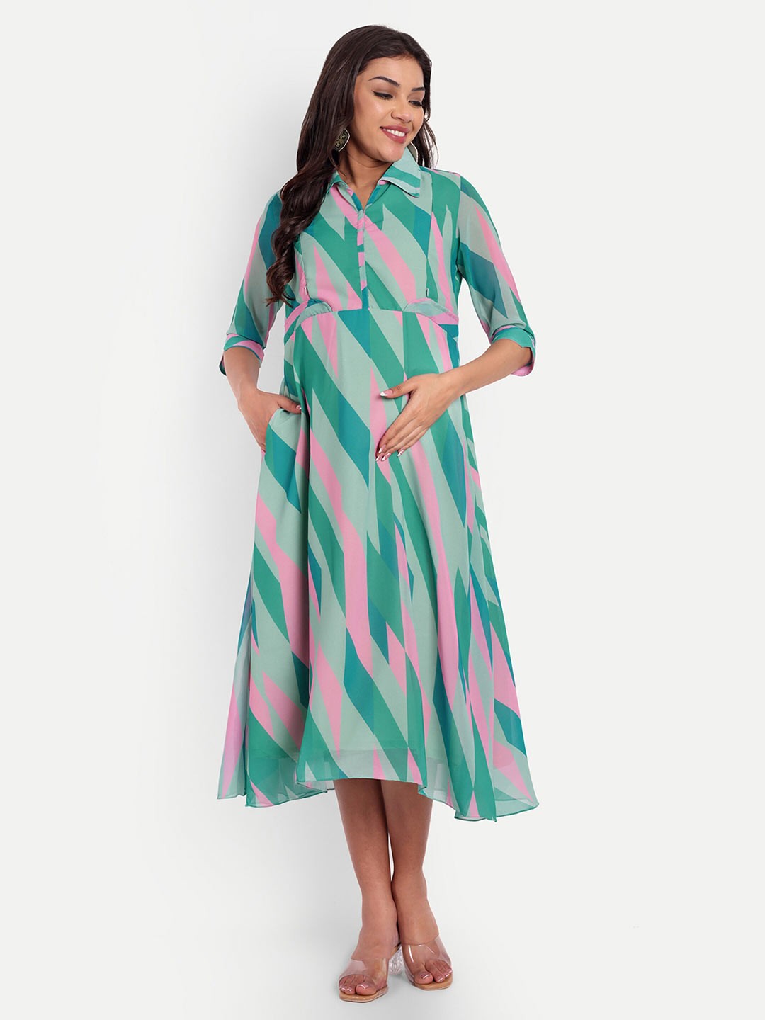 

THOTTIL Geometric Printed Shirt Collar Tie-Ups Cotton Maternity Midi A-Line Dress, Green