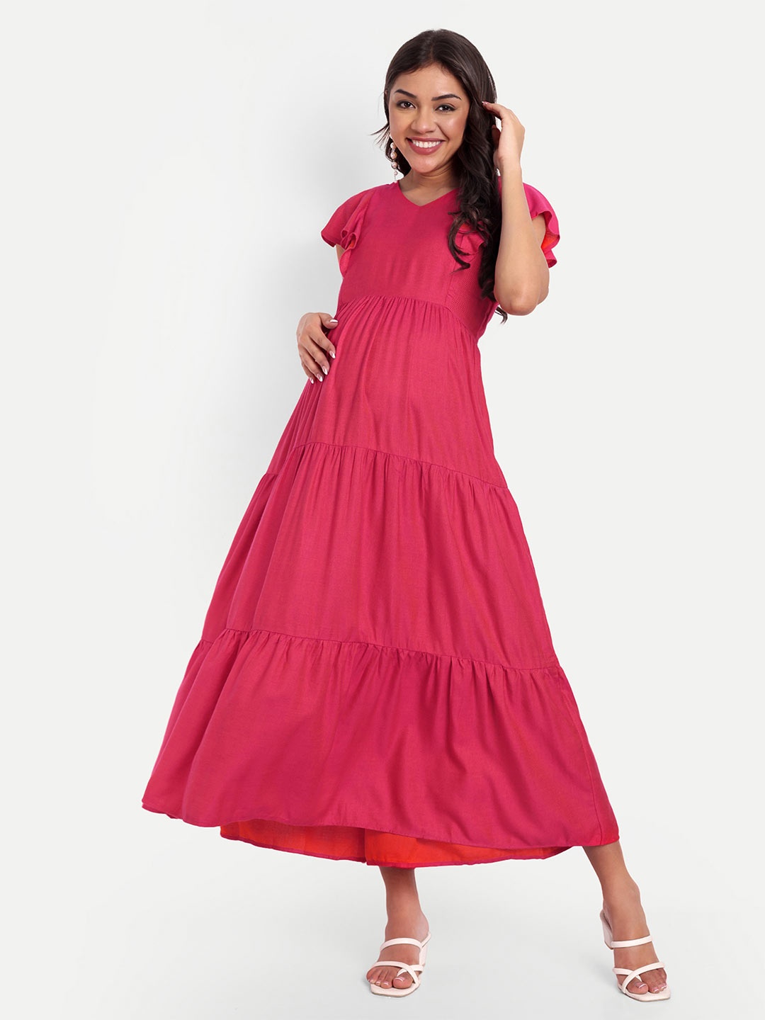 

THOTTIL Gathered Tiered Cotton Maternity Maxi Fit & Flare Dress, Red